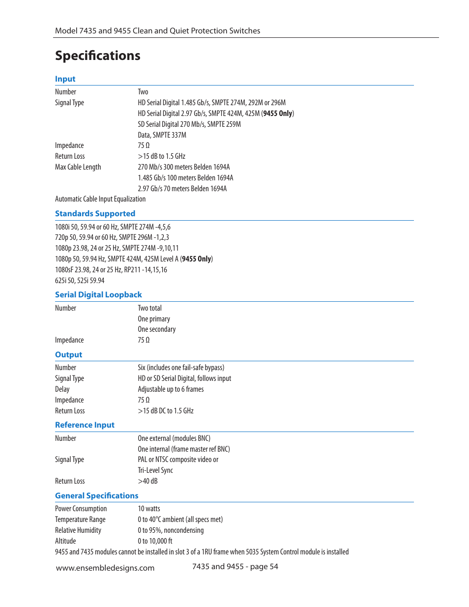 Specifications, Specifications 54 | Ensemble Designs 9455 3G Clean and Quiet Protection Switch User Manual | Page 54 / 64