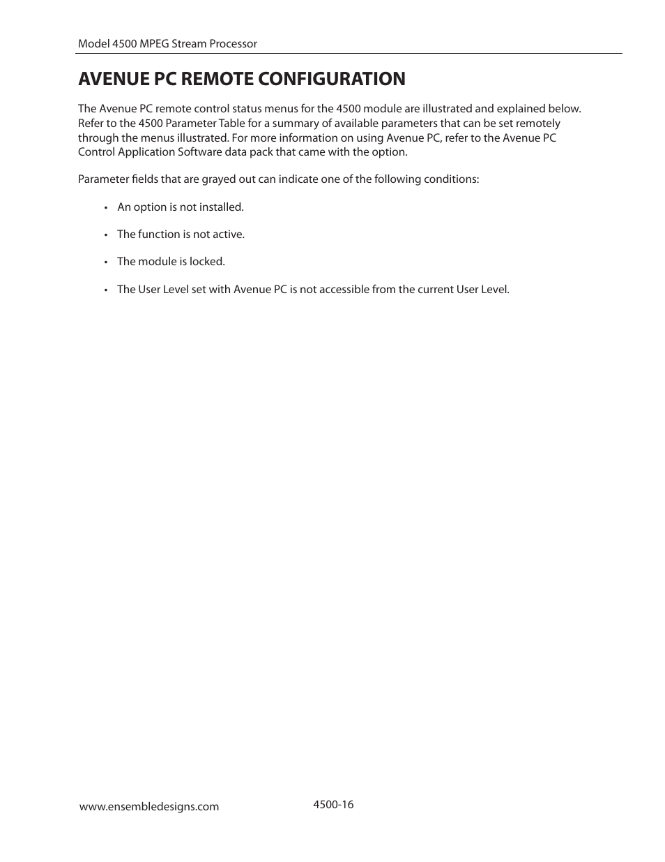 Avenue pc remote configuration | Ensemble Designs 4500 ASI and SMPTE 310M Converter and MPEG Transport Processor User Manual | Page 16 / 32