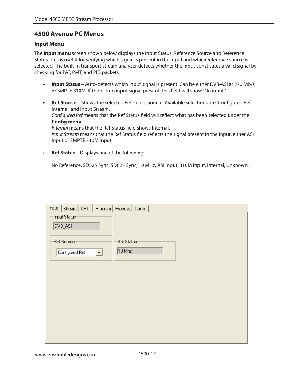 4500 avenue pc menus, Input menu | Ensemble Designs 4500 ASI and SMPTE 310M Converter and MPEG Transport Processor User Manual | Page 17 / 32
