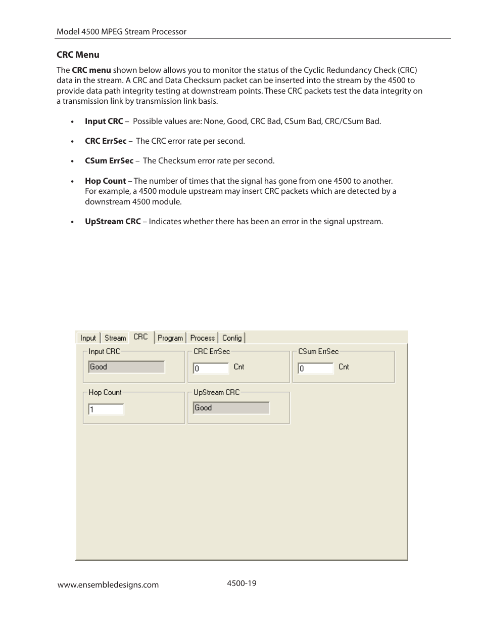 Crc menu | Ensemble Designs 4500 ASI and SMPTE 310M Converter and MPEG Transport Processor User Manual | Page 19 / 32