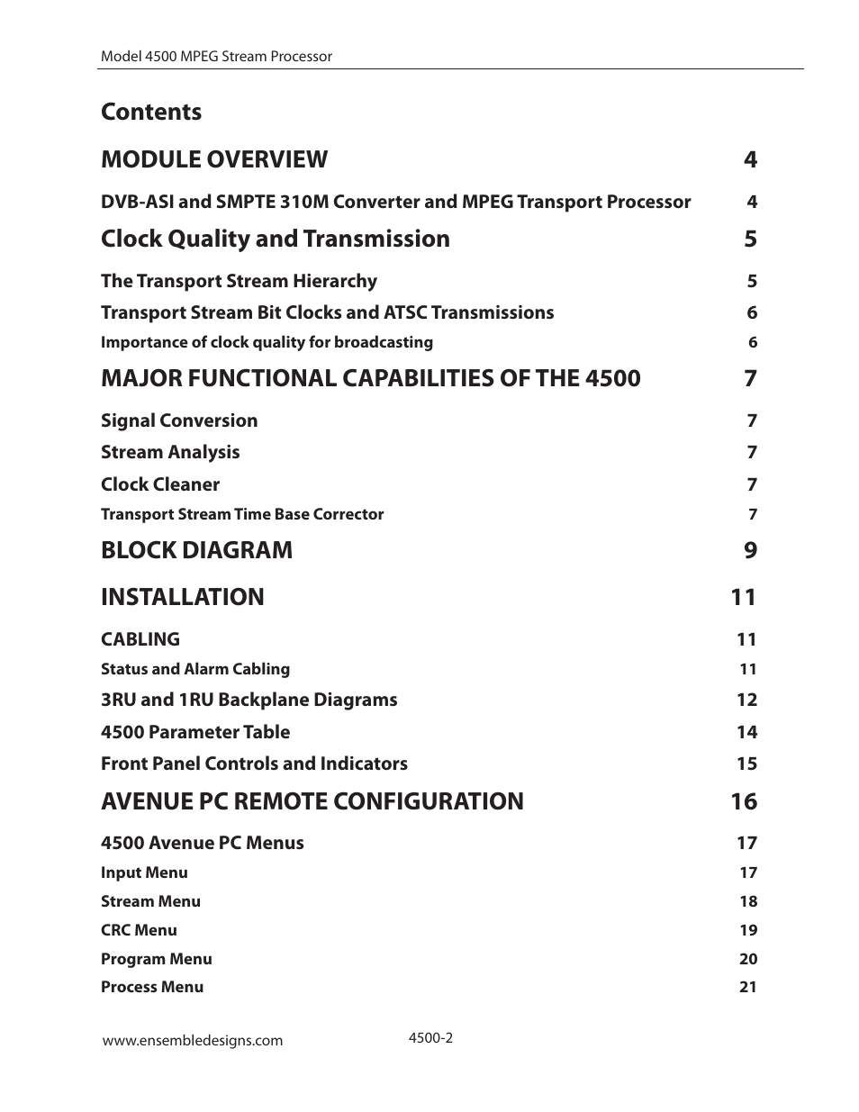 Contents module overview 4, Clock quality and transmission 5, Block diagram 9 installation 11 | Avenue pc remote configuration 16 | Ensemble Designs 4500 ASI and SMPTE 310M Converter and MPEG Transport Processor User Manual | Page 2 / 32