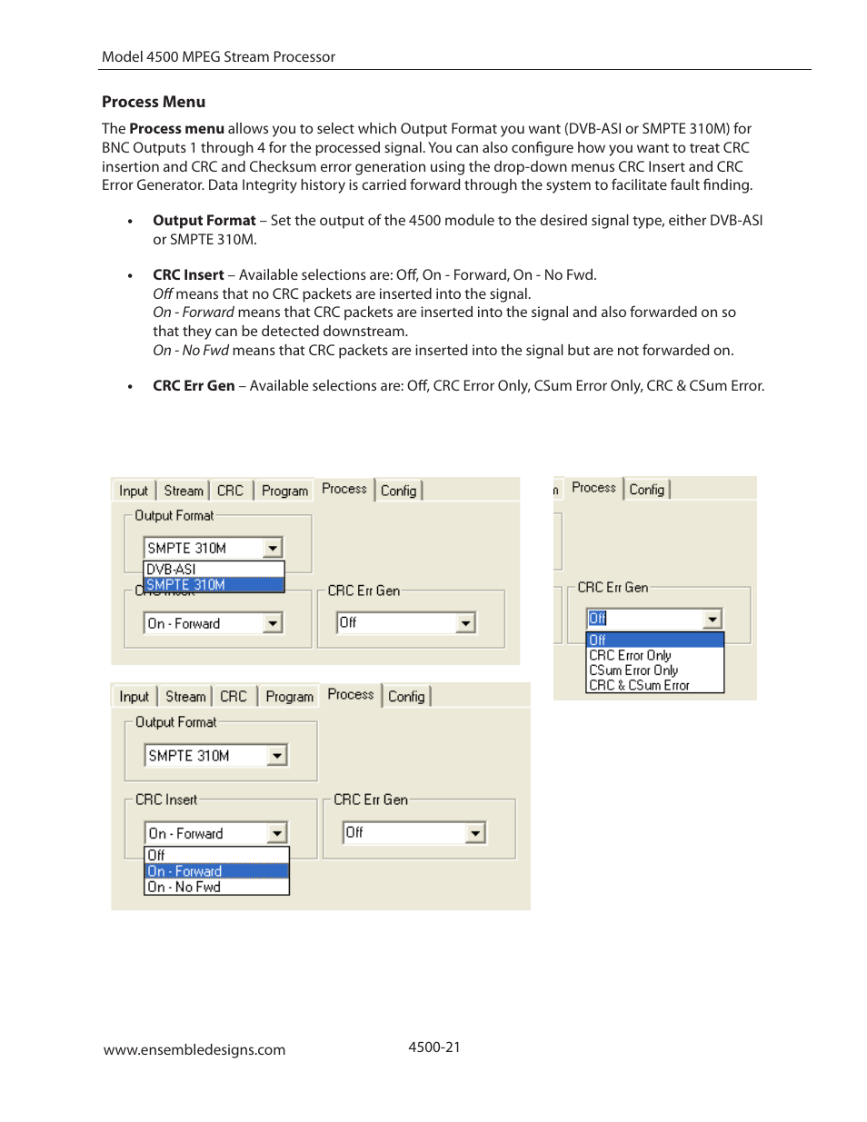 Process menu | Ensemble Designs 4500 ASI and SMPTE 310M Converter and MPEG Transport Processor User Manual | Page 21 / 32