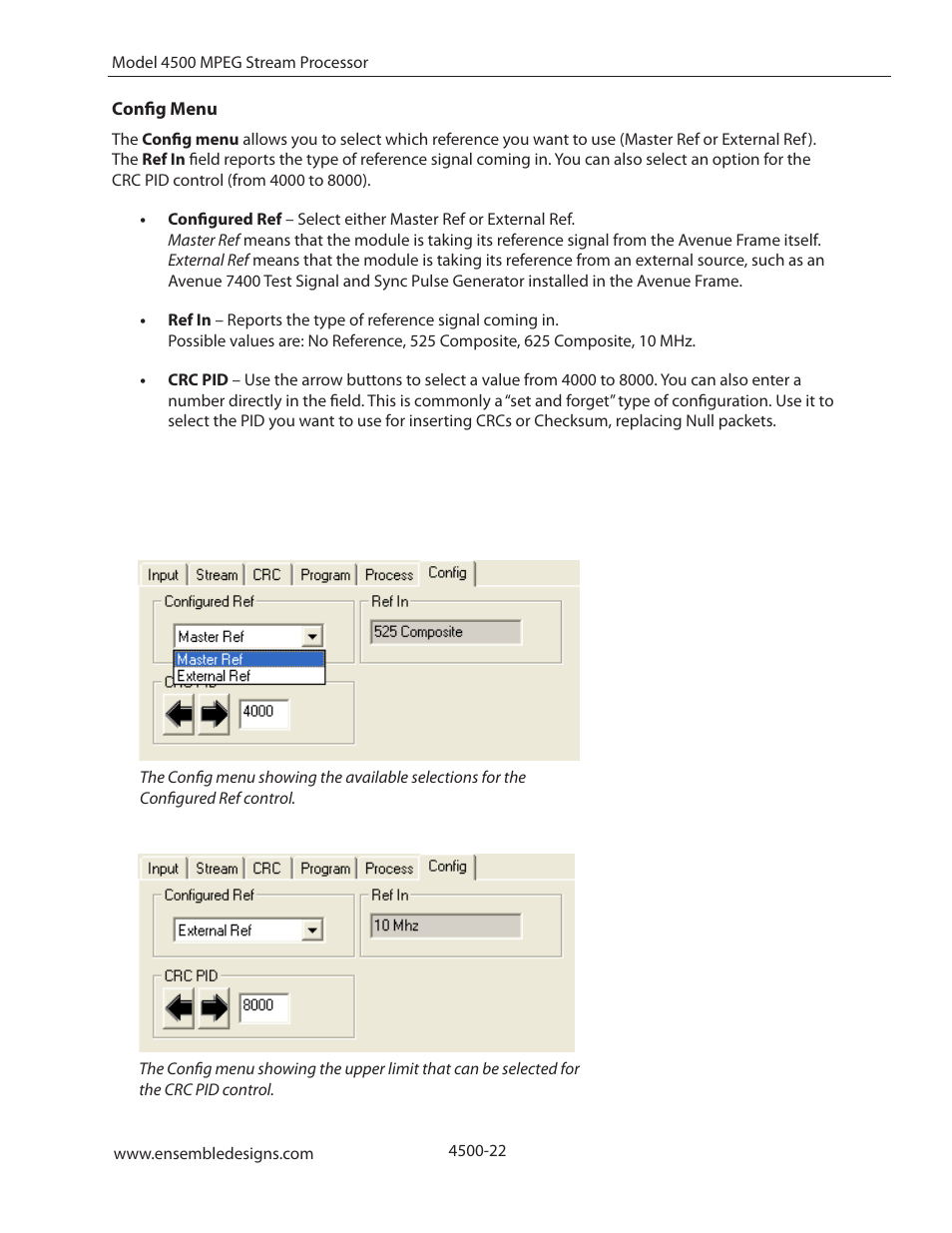 Config menu | Ensemble Designs 4500 ASI and SMPTE 310M Converter and MPEG Transport Processor User Manual | Page 22 / 32