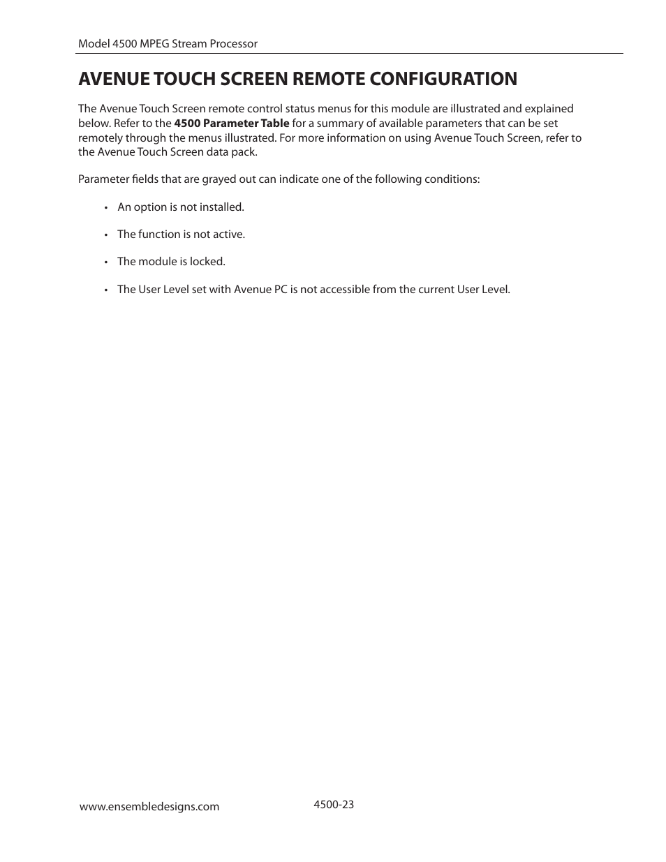 Avenue touch screen remote configuration | Ensemble Designs 4500 ASI and SMPTE 310M Converter and MPEG Transport Processor User Manual | Page 23 / 32