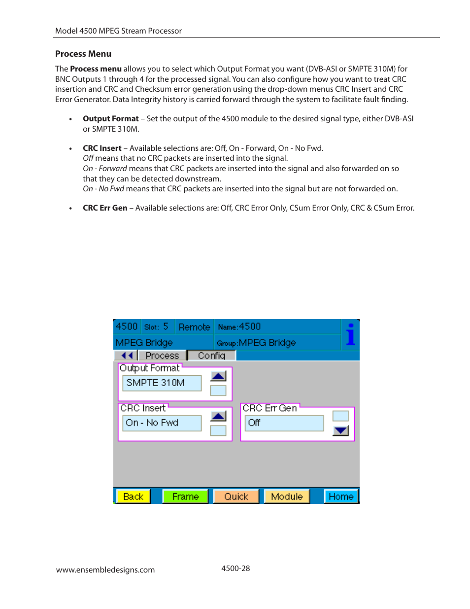 Process menu | Ensemble Designs 4500 ASI and SMPTE 310M Converter and MPEG Transport Processor User Manual | Page 28 / 32