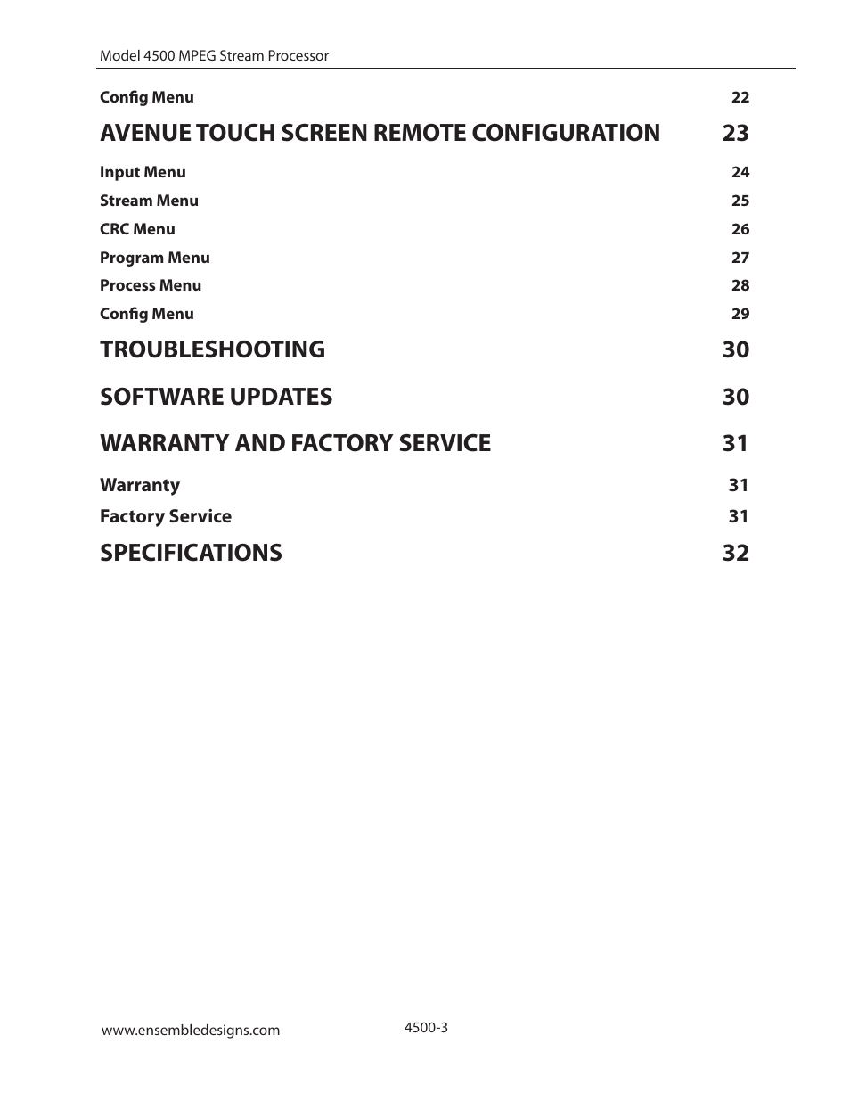 Avenue touch screen remote configuration 23, Specifications 32 | Ensemble Designs 4500 ASI and SMPTE 310M Converter and MPEG Transport Processor User Manual | Page 3 / 32