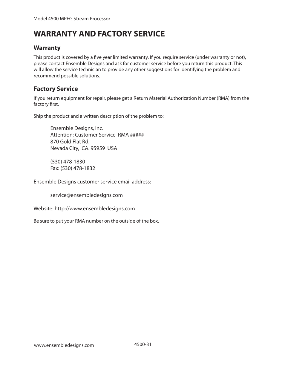 Warranty and factory service, Warranty, Factory service | Ensemble Designs 4500 ASI and SMPTE 310M Converter and MPEG Transport Processor User Manual | Page 31 / 32