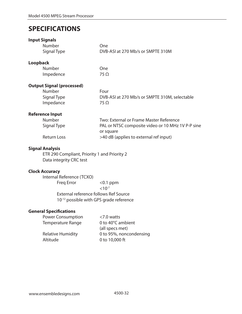 Specifications | Ensemble Designs 4500 ASI and SMPTE 310M Converter and MPEG Transport Processor User Manual | Page 32 / 32