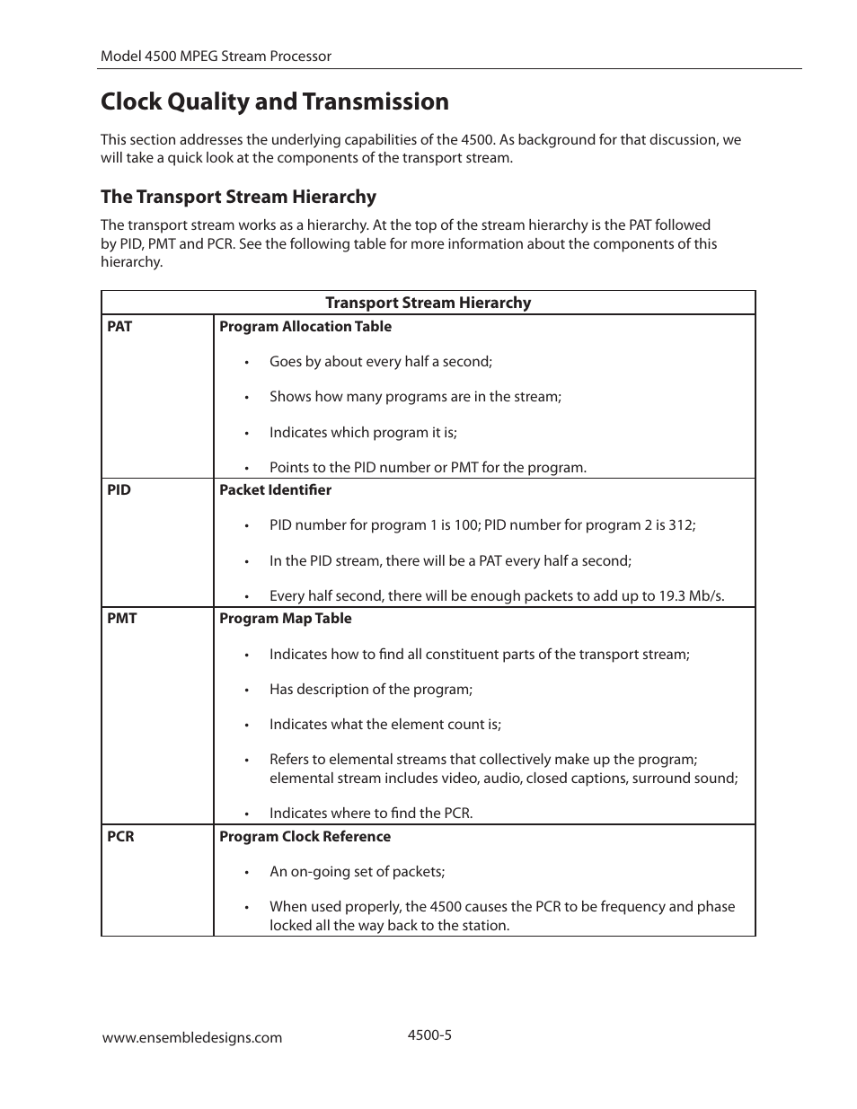 Clock quality and transmission, The transport stream hierarchy | Ensemble Designs 4500 ASI and SMPTE 310M Converter and MPEG Transport Processor User Manual | Page 5 / 32
