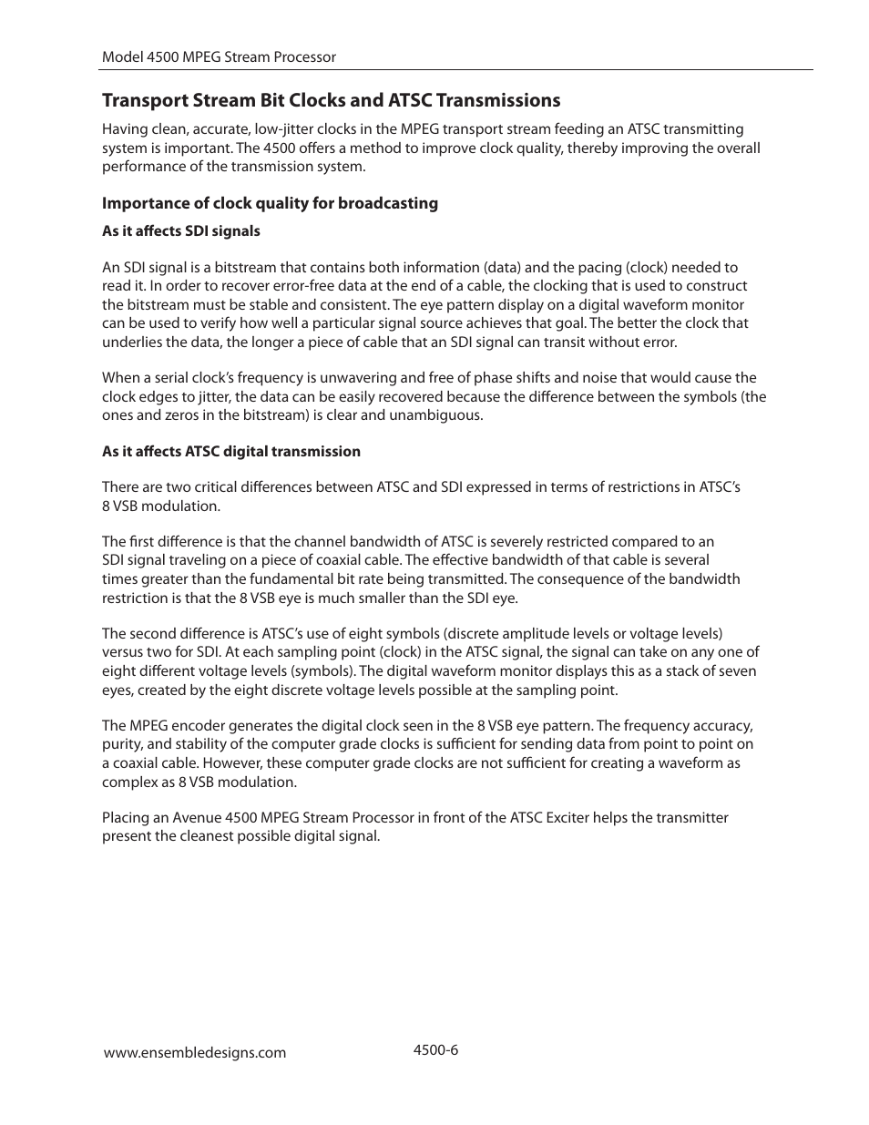 Transport stream bit clocks and atsc transmissions, Importance of clock quality for broadcasting | Ensemble Designs 4500 ASI and SMPTE 310M Converter and MPEG Transport Processor User Manual | Page 6 / 32