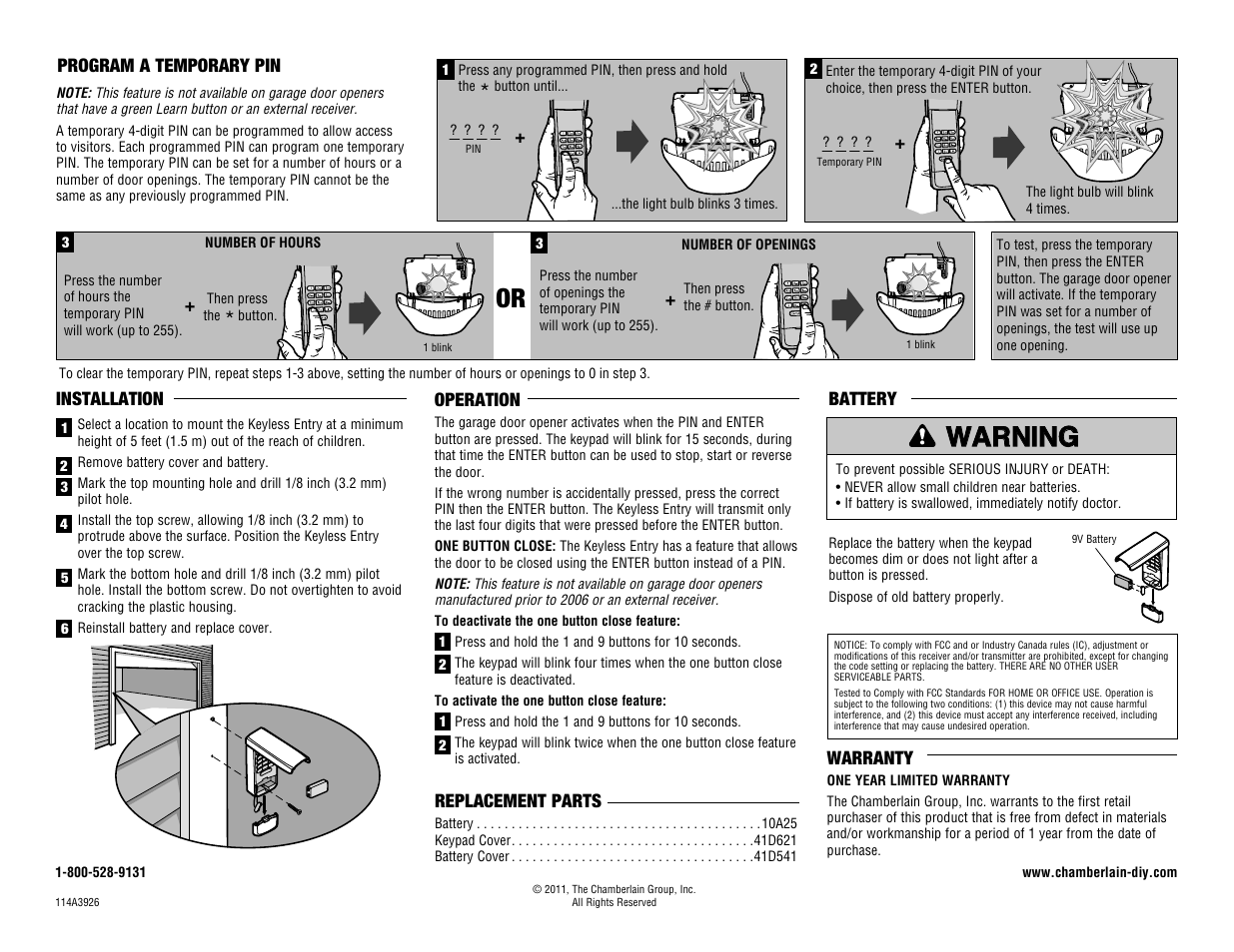 Program a temporary pin, Installation, Operation | Battery, Replacement parts, Warranty, Warning | Chamberlain 940EVC User Manual | Page 2 / 2