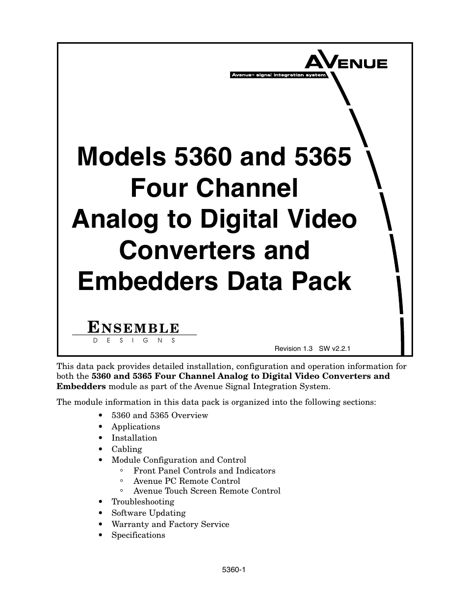 Ensemble Designs 5360 Four Channel Analog to Digital Video Converters and Embedders User Manual | 24 pages