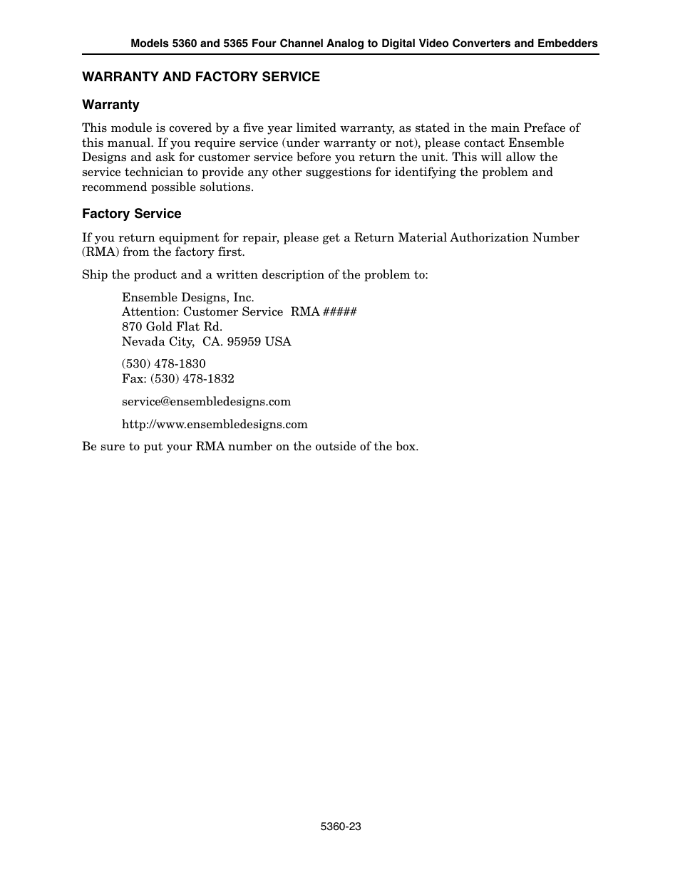 Ensemble Designs 5360 Four Channel Analog to Digital Video Converters and Embedders User Manual | Page 23 / 24
