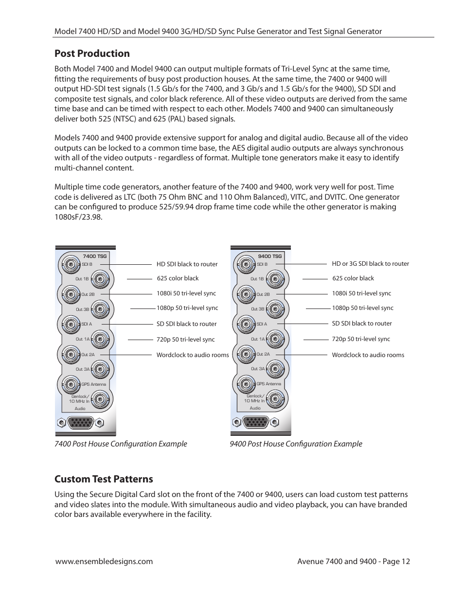 Post production, Custom test patterns, 7400 post house configuration example | 9400 post house configuration example | Ensemble Designs 9400 3G Test Signal and Sync Pulse Generator User Manual | Page 12 / 82