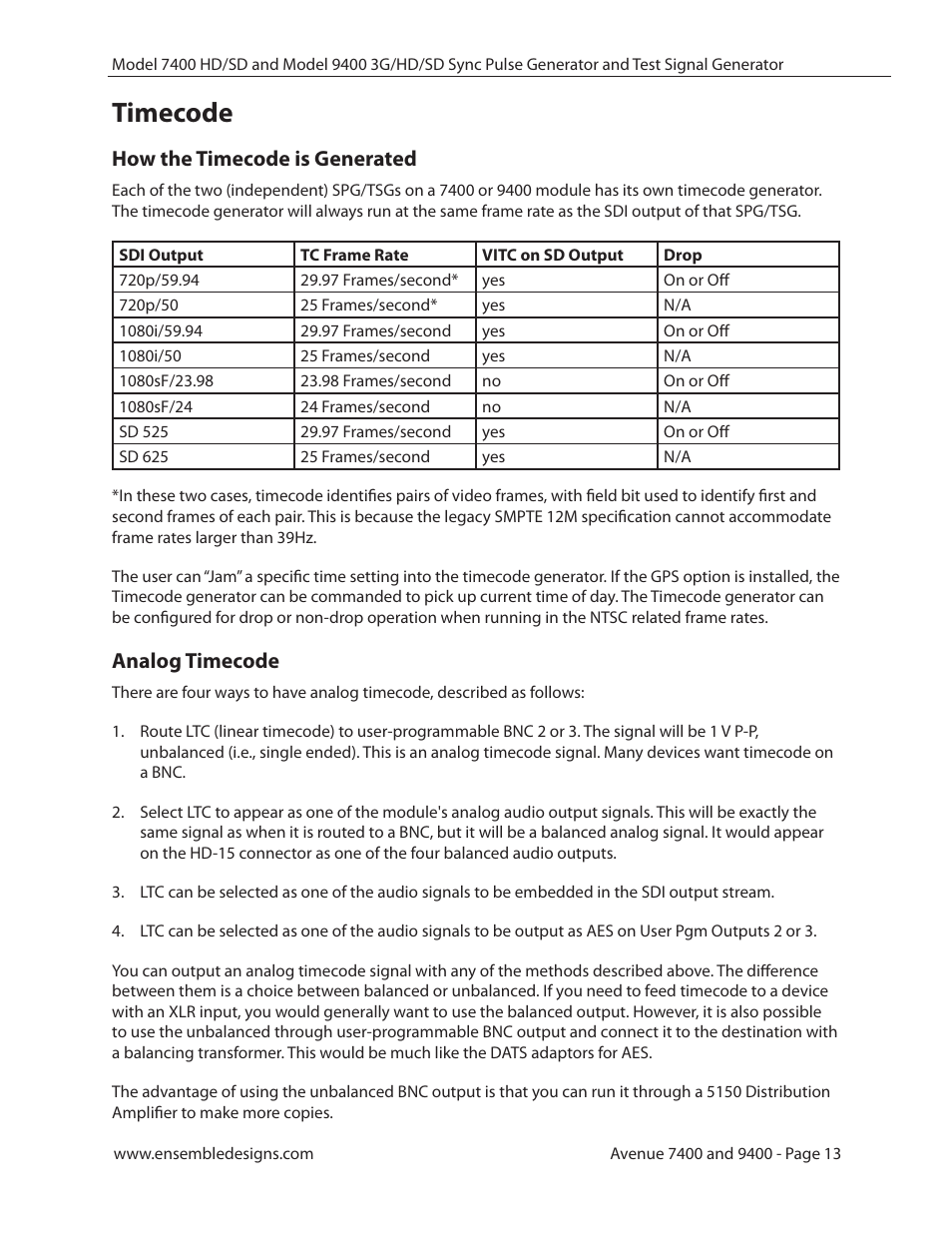 Timecode, How the timecode is generated, Analog timecode | Timecode 13 | Ensemble Designs 9400 3G Test Signal and Sync Pulse Generator User Manual | Page 13 / 82