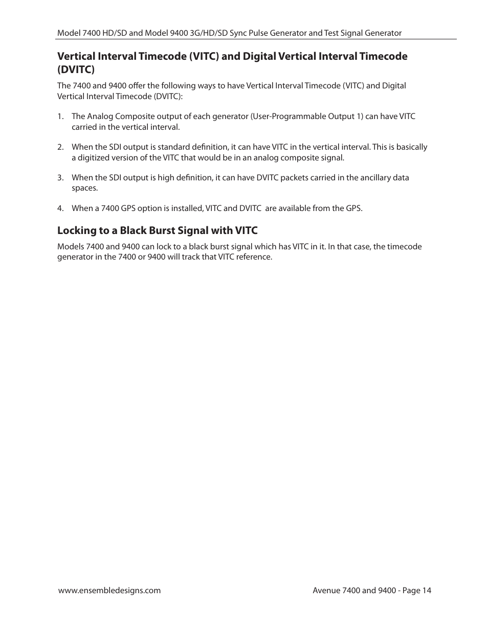 Locking to a black burst signal with vitc | Ensemble Designs 9400 3G Test Signal and Sync Pulse Generator User Manual | Page 14 / 82