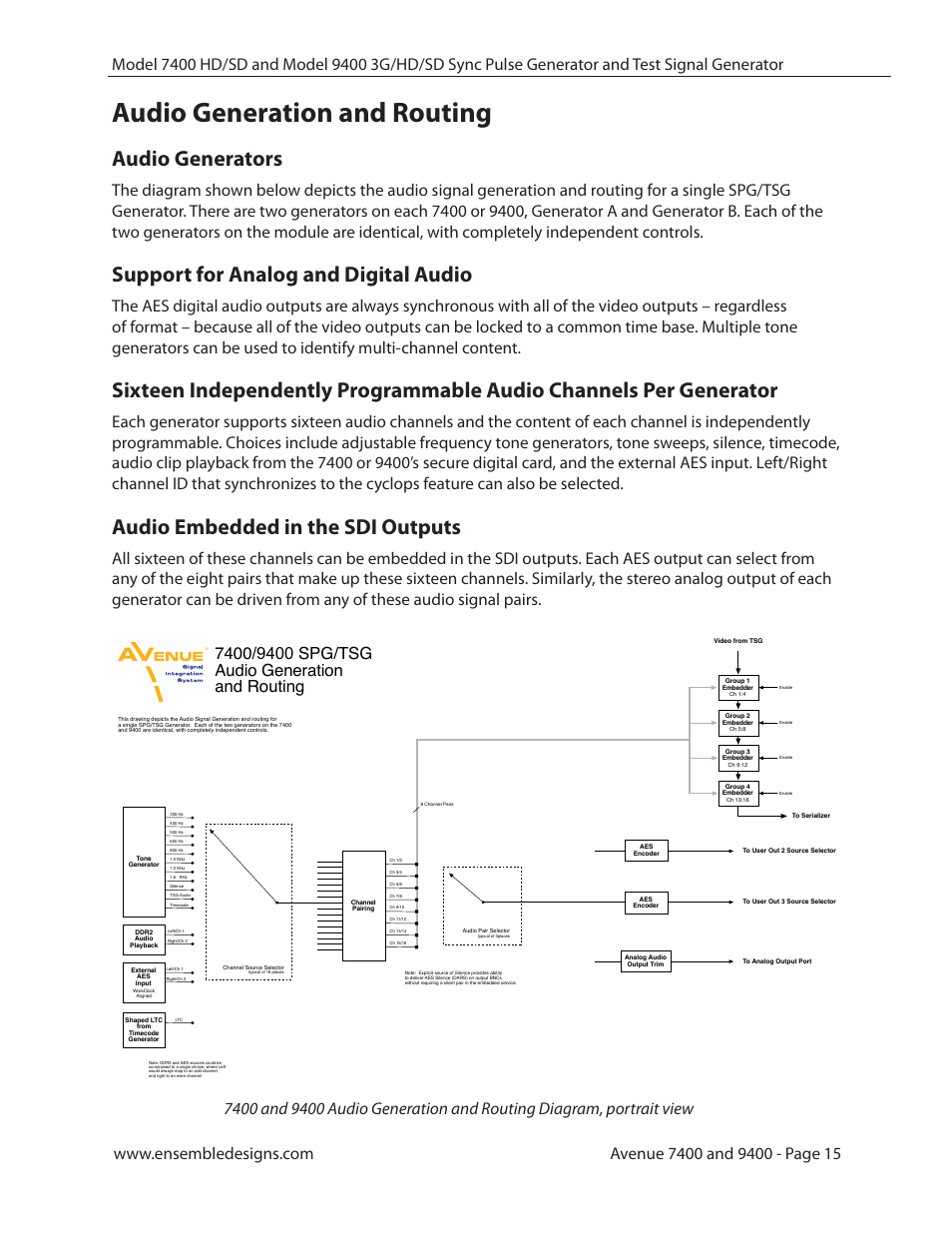 Audio generation and routing, Audio generators, Support for analog and digital audio | Audio embedded in the sdi outputs | Ensemble Designs 9400 3G Test Signal and Sync Pulse Generator User Manual | Page 15 / 82