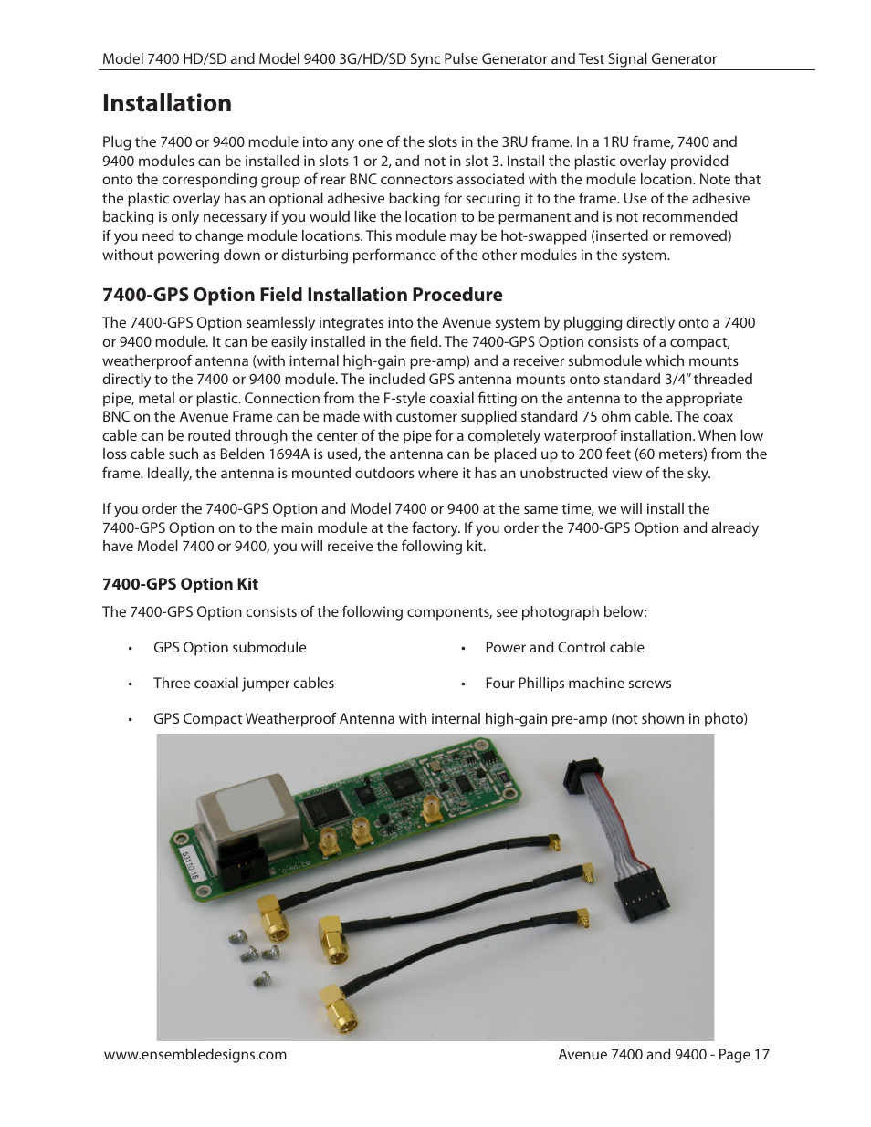 Installation, 7400-gps option field installation procedure, 7400-gps option kit | Installation 17 | Ensemble Designs 9400 3G Test Signal and Sync Pulse Generator User Manual | Page 17 / 82