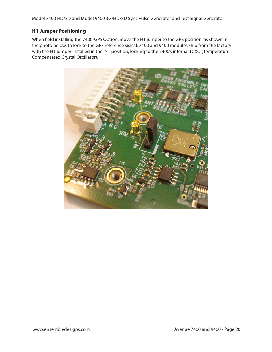 H1 jumper positioning | Ensemble Designs 9400 3G Test Signal and Sync Pulse Generator User Manual | Page 20 / 82