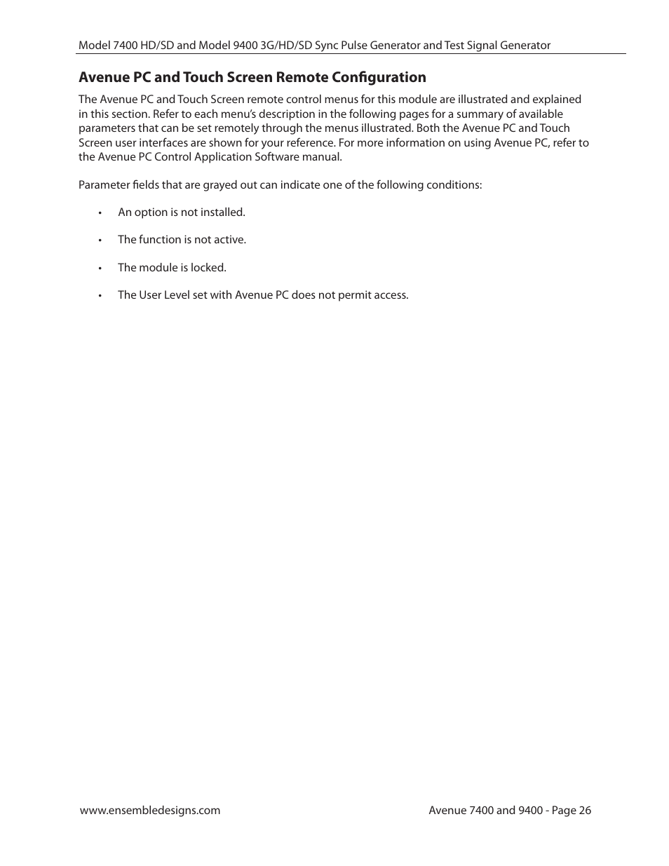 Avenue pc and touch screen remote configuration | Ensemble Designs 9400 3G Test Signal and Sync Pulse Generator User Manual | Page 26 / 82