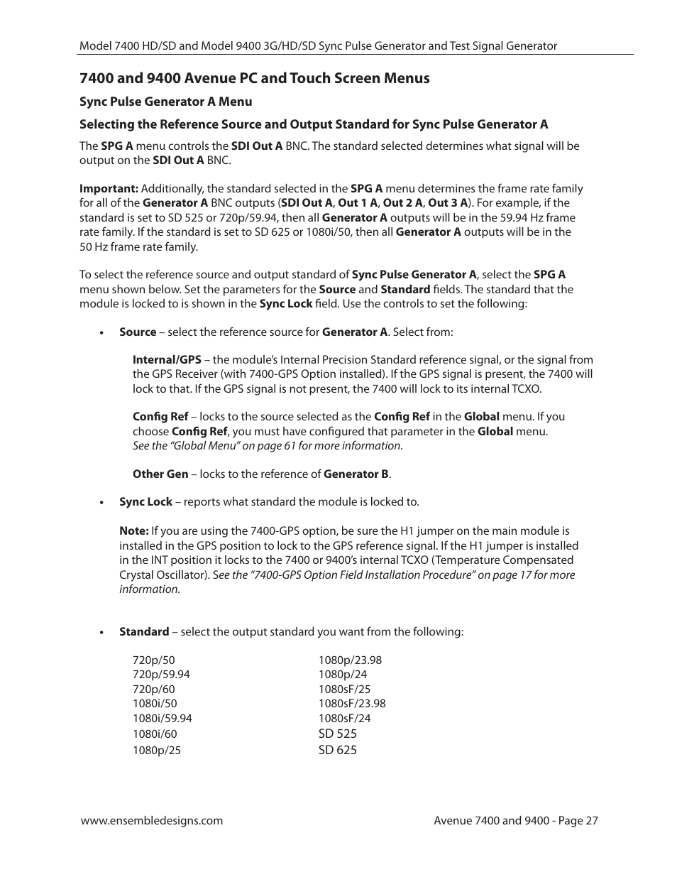 7400 and 9400 avenue pc and touch screen menus, Sync pulse generator a menu | Ensemble Designs 9400 3G Test Signal and Sync Pulse Generator User Manual | Page 27 / 82
