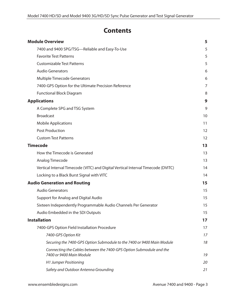 Ensemble Designs 9400 3G Test Signal and Sync Pulse Generator User Manual | Page 3 / 82