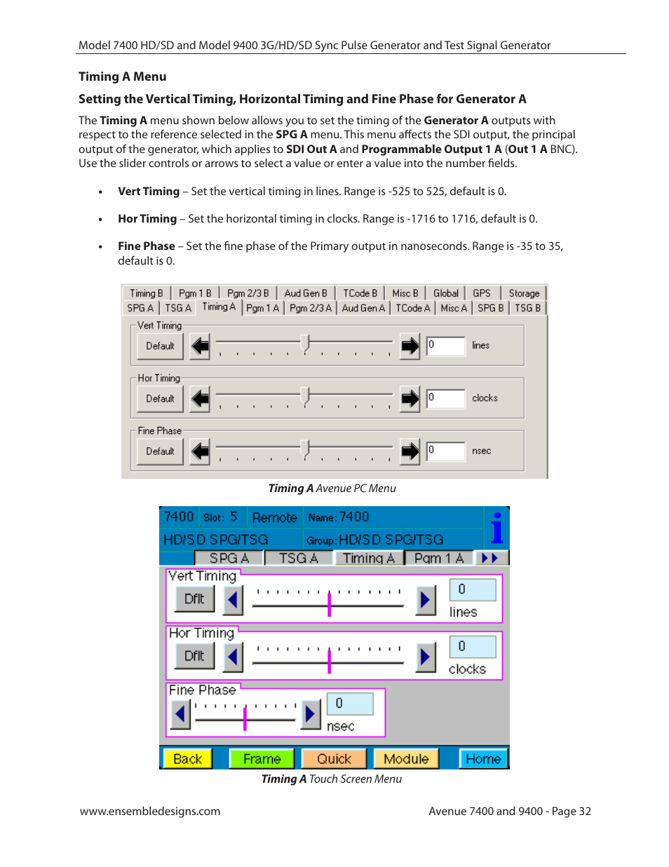 Timing a menu | Ensemble Designs 9400 3G Test Signal and Sync Pulse Generator User Manual | Page 32 / 82