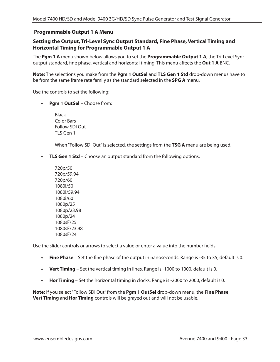 Programmable output 1 a menu | Ensemble Designs 9400 3G Test Signal and Sync Pulse Generator User Manual | Page 33 / 82