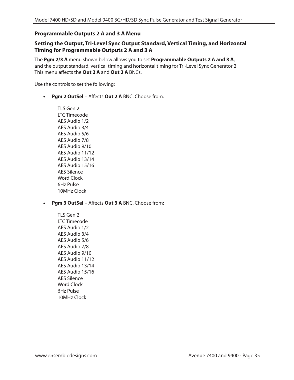 Programmable outputs 2 a and 3 a menu | Ensemble Designs 9400 3G Test Signal and Sync Pulse Generator User Manual | Page 35 / 82
