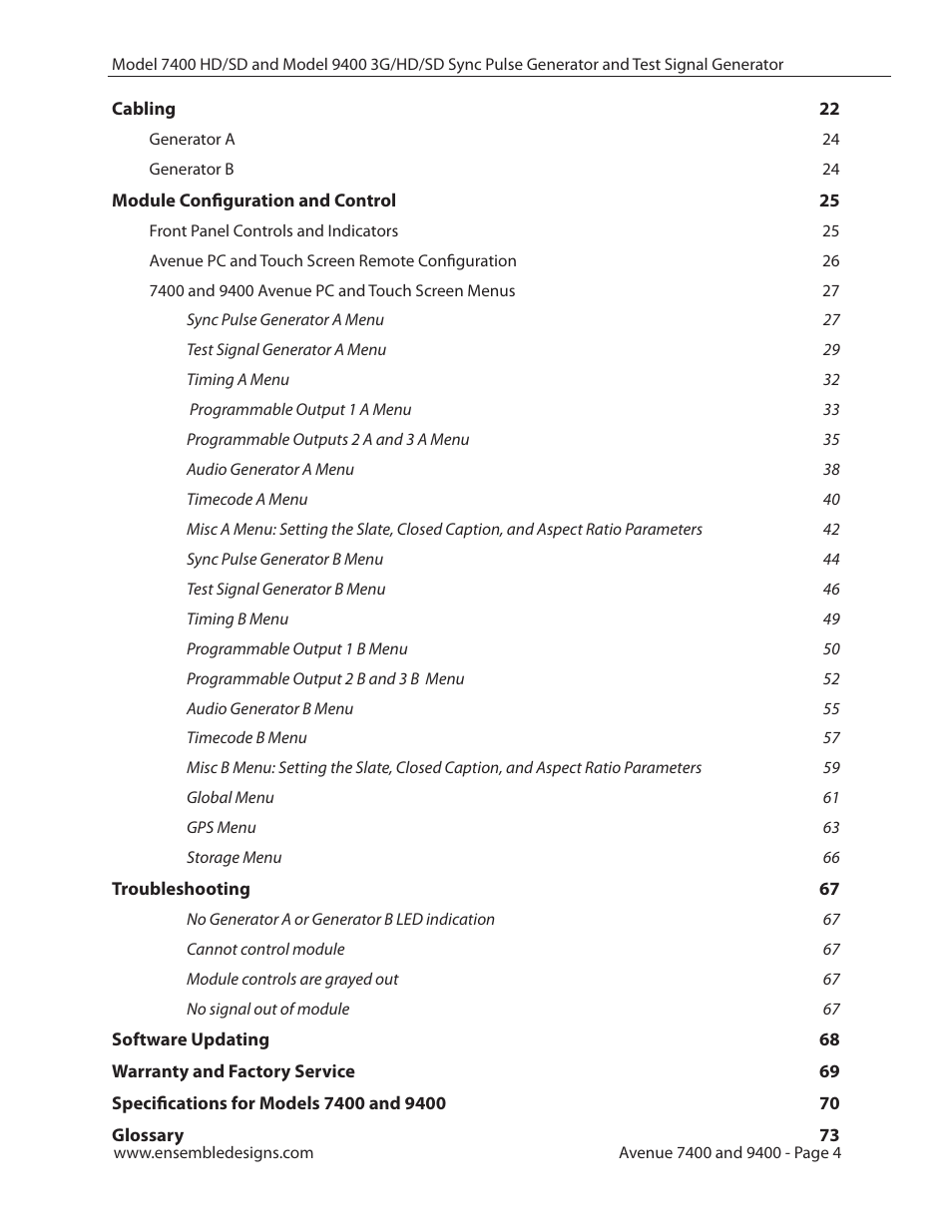 Ensemble Designs 9400 3G Test Signal and Sync Pulse Generator User Manual | Page 4 / 82
