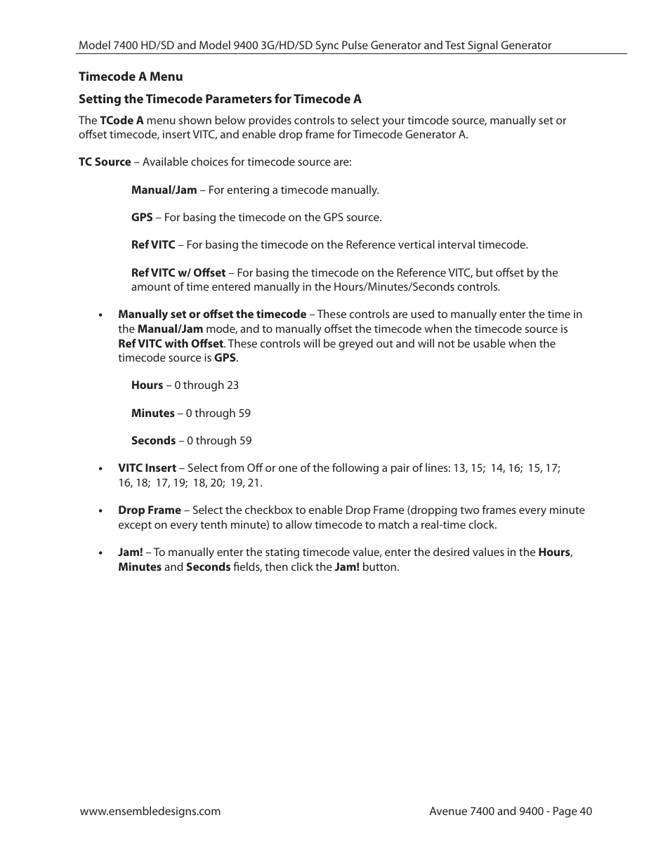 Timecode a menu | Ensemble Designs 9400 3G Test Signal and Sync Pulse Generator User Manual | Page 40 / 82