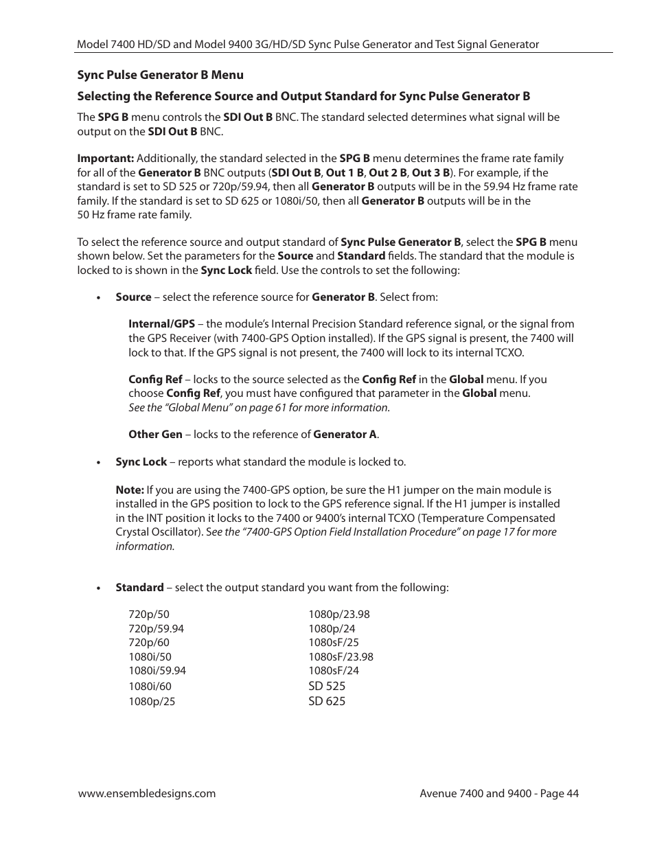 Sync pulse generator b menu | Ensemble Designs 9400 3G Test Signal and Sync Pulse Generator User Manual | Page 44 / 82