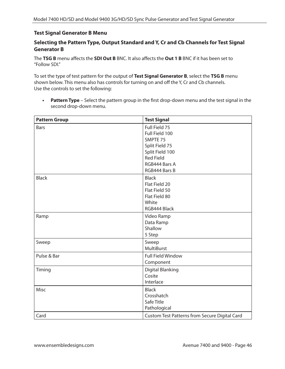 Test signal generator b menu | Ensemble Designs 9400 3G Test Signal and Sync Pulse Generator User Manual | Page 46 / 82