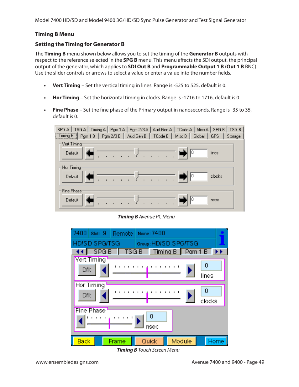 Timing b menu | Ensemble Designs 9400 3G Test Signal and Sync Pulse Generator User Manual | Page 49 / 82