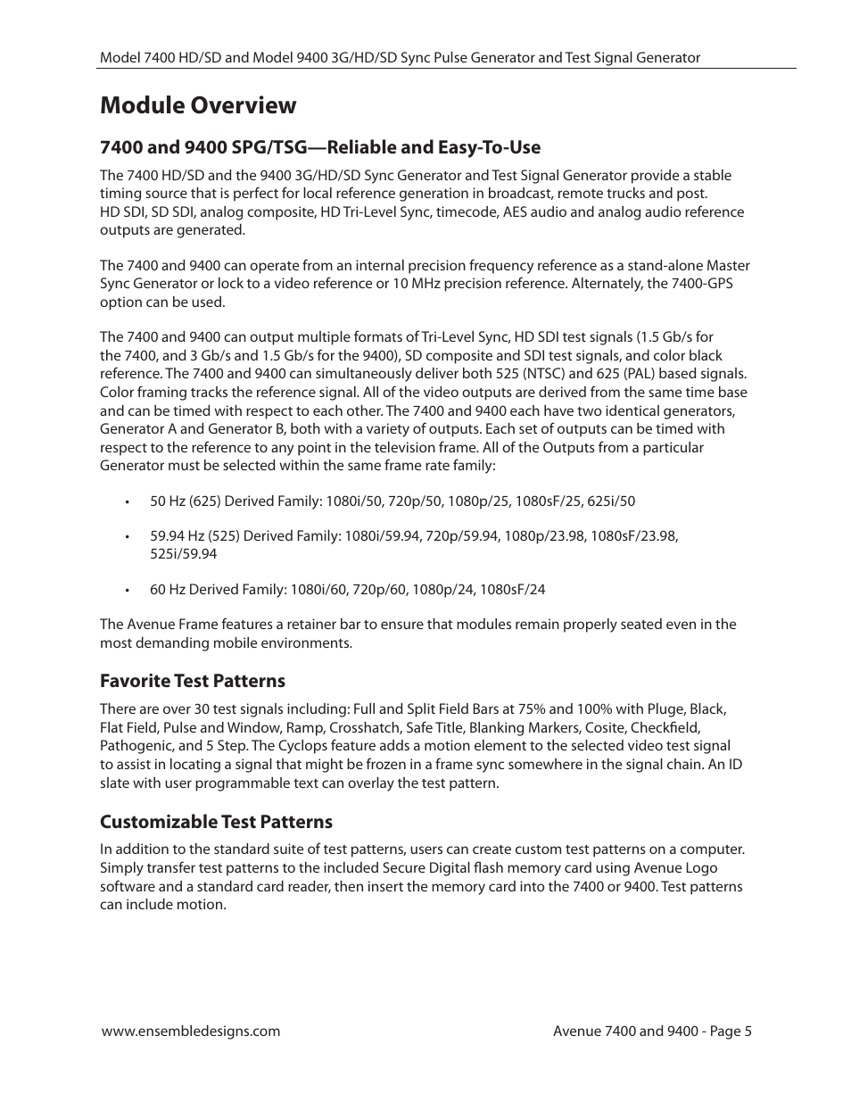Module overview, 7400 and 9400 spg/tsg—reliable and easy-to-use, Favorite test patterns | Customizable test patterns | Ensemble Designs 9400 3G Test Signal and Sync Pulse Generator User Manual | Page 5 / 82