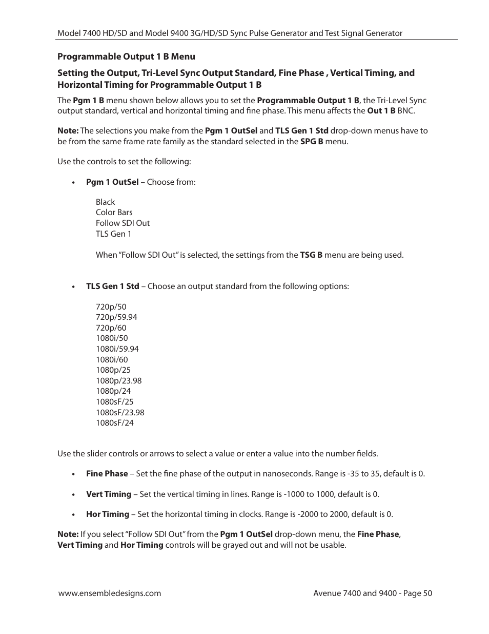 Programmable output 1 b menu | Ensemble Designs 9400 3G Test Signal and Sync Pulse Generator User Manual | Page 50 / 82