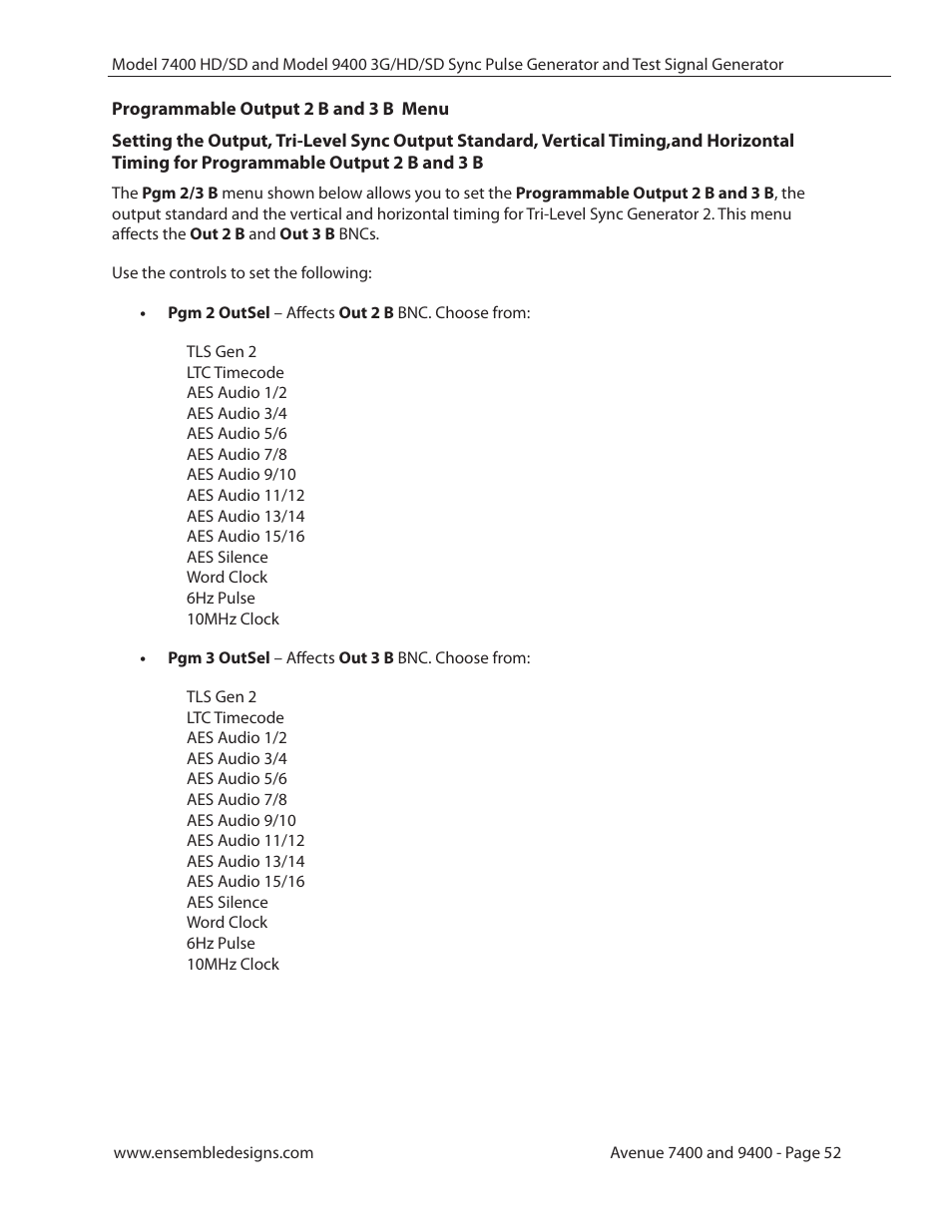 Programmable output 2 b and 3 b menu | Ensemble Designs 9400 3G Test Signal and Sync Pulse Generator User Manual | Page 52 / 82