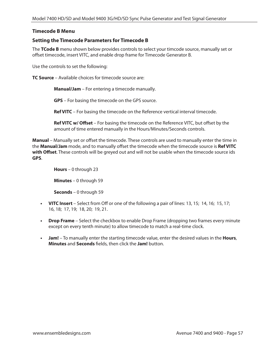 Timecode b menu | Ensemble Designs 9400 3G Test Signal and Sync Pulse Generator User Manual | Page 57 / 82