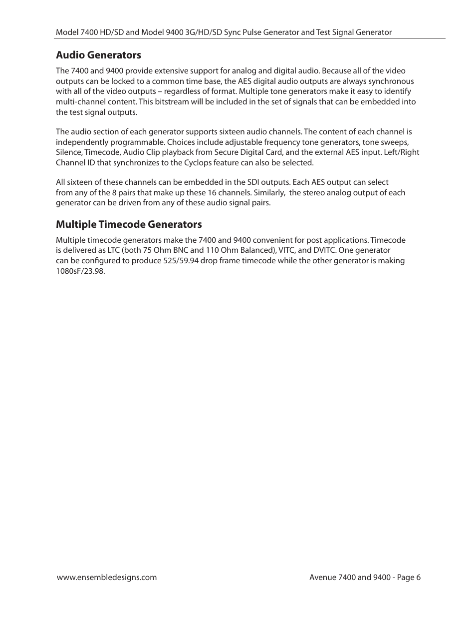 Audio generators, Multiple timecode generators | Ensemble Designs 9400 3G Test Signal and Sync Pulse Generator User Manual | Page 6 / 82