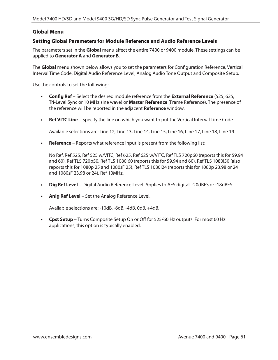 Global menu | Ensemble Designs 9400 3G Test Signal and Sync Pulse Generator User Manual | Page 61 / 82