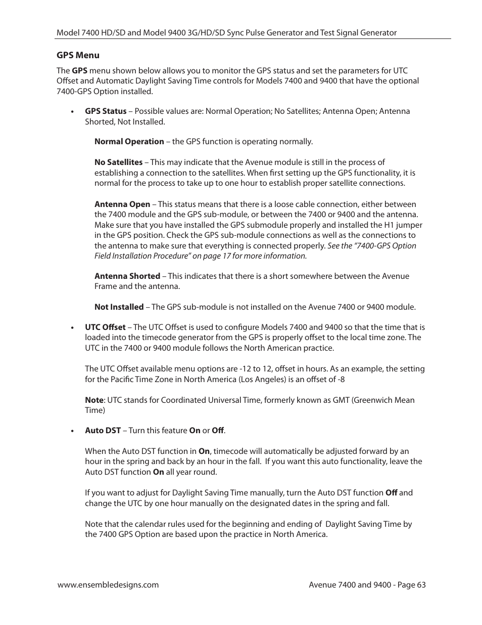 Gps menu | Ensemble Designs 9400 3G Test Signal and Sync Pulse Generator User Manual | Page 63 / 82