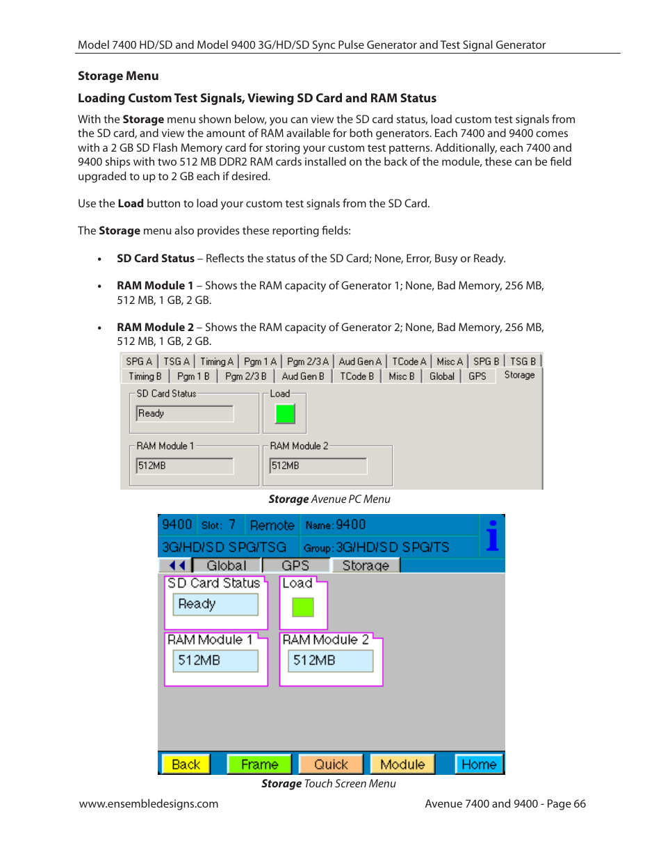 Storage menu | Ensemble Designs 9400 3G Test Signal and Sync Pulse Generator User Manual | Page 66 / 82