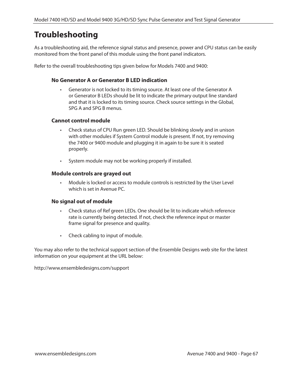 Troubleshooting, No generator a or generator b led indication, Cannot control module | Module controls are grayed out, No signal out of module, Troubleshooting 67 | Ensemble Designs 9400 3G Test Signal and Sync Pulse Generator User Manual | Page 67 / 82
