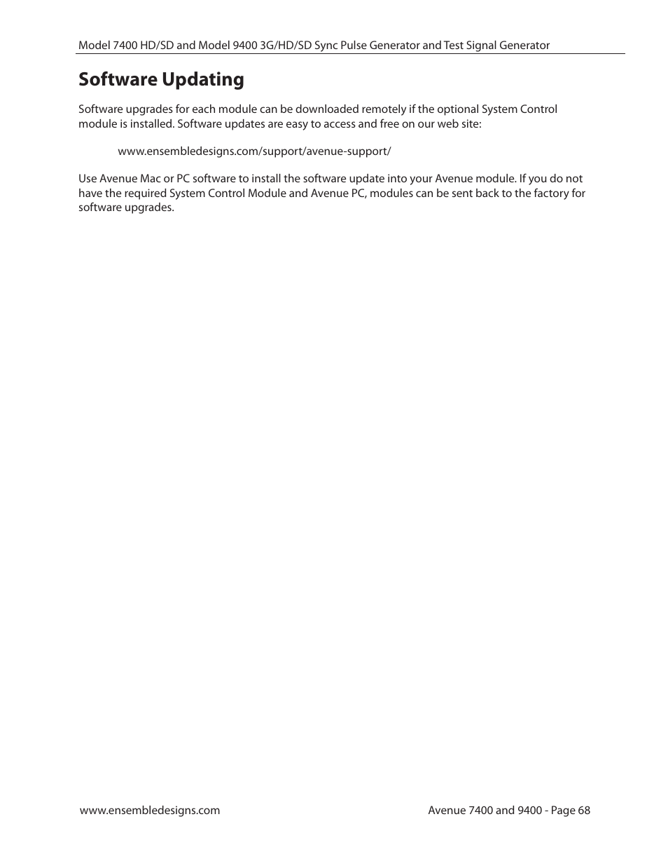 Software updating | Ensemble Designs 9400 3G Test Signal and Sync Pulse Generator User Manual | Page 68 / 82