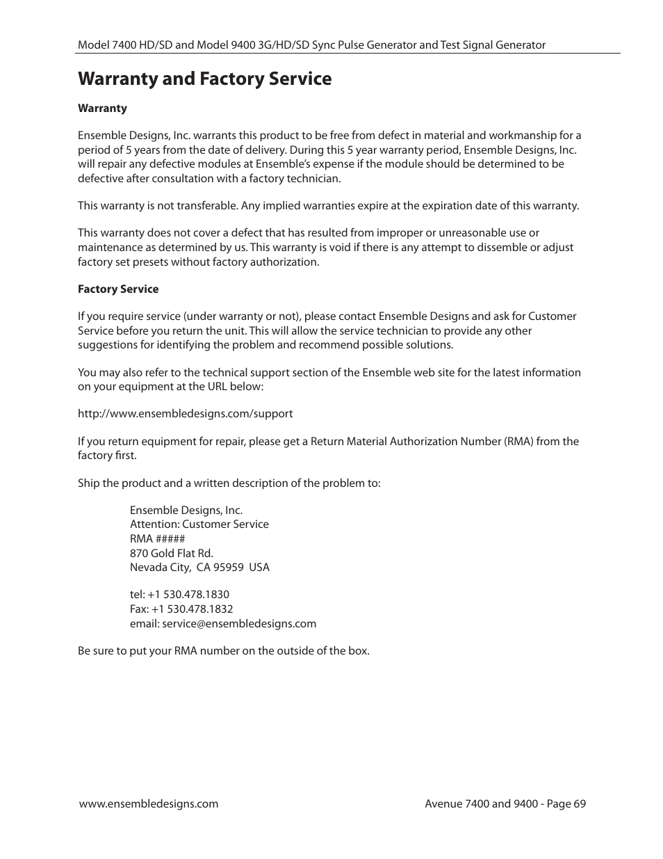 Warranty and factory service | Ensemble Designs 9400 3G Test Signal and Sync Pulse Generator User Manual | Page 69 / 82