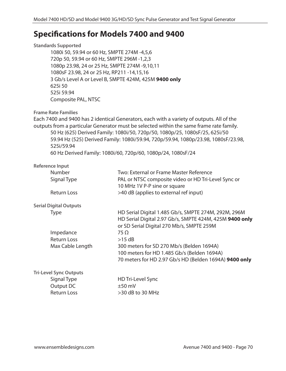 Specifications for models 7400 and 9400 | Ensemble Designs 9400 3G Test Signal and Sync Pulse Generator User Manual | Page 70 / 82