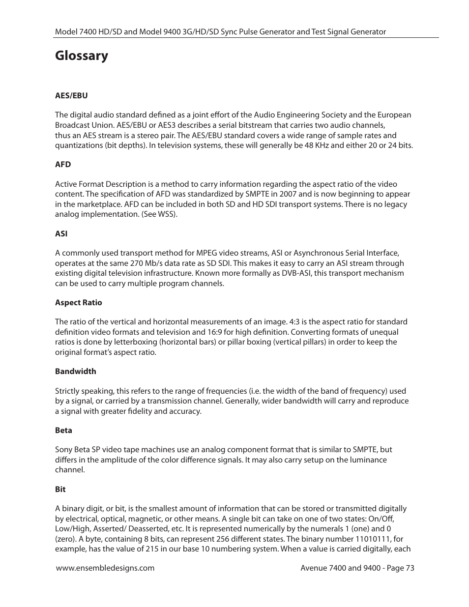 Glossary, Glossary 73 | Ensemble Designs 9400 3G Test Signal and Sync Pulse Generator User Manual | Page 73 / 82