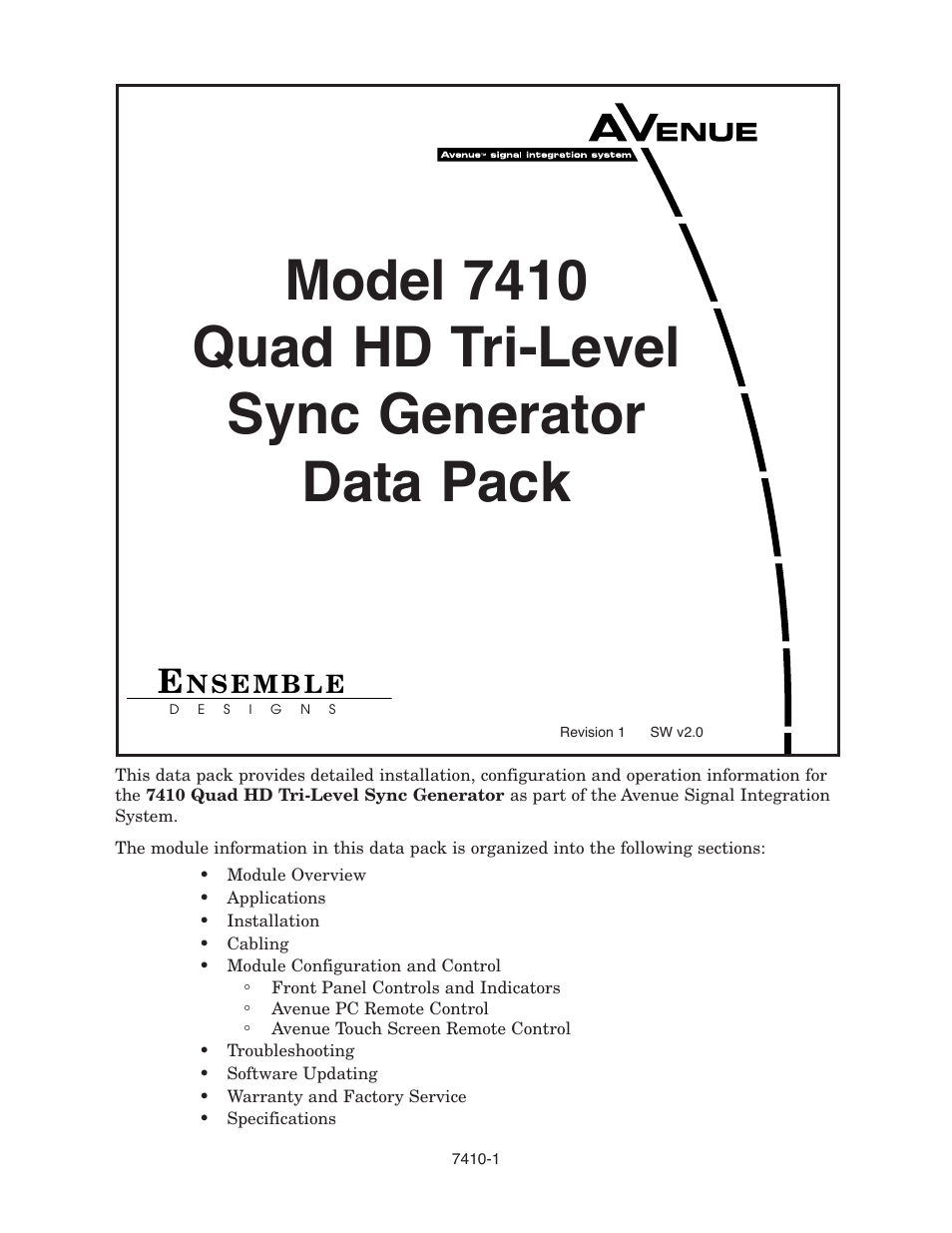 Ensemble Designs 7410 Quad HD Tri-Level Sync Generator User Manual | 16 pages