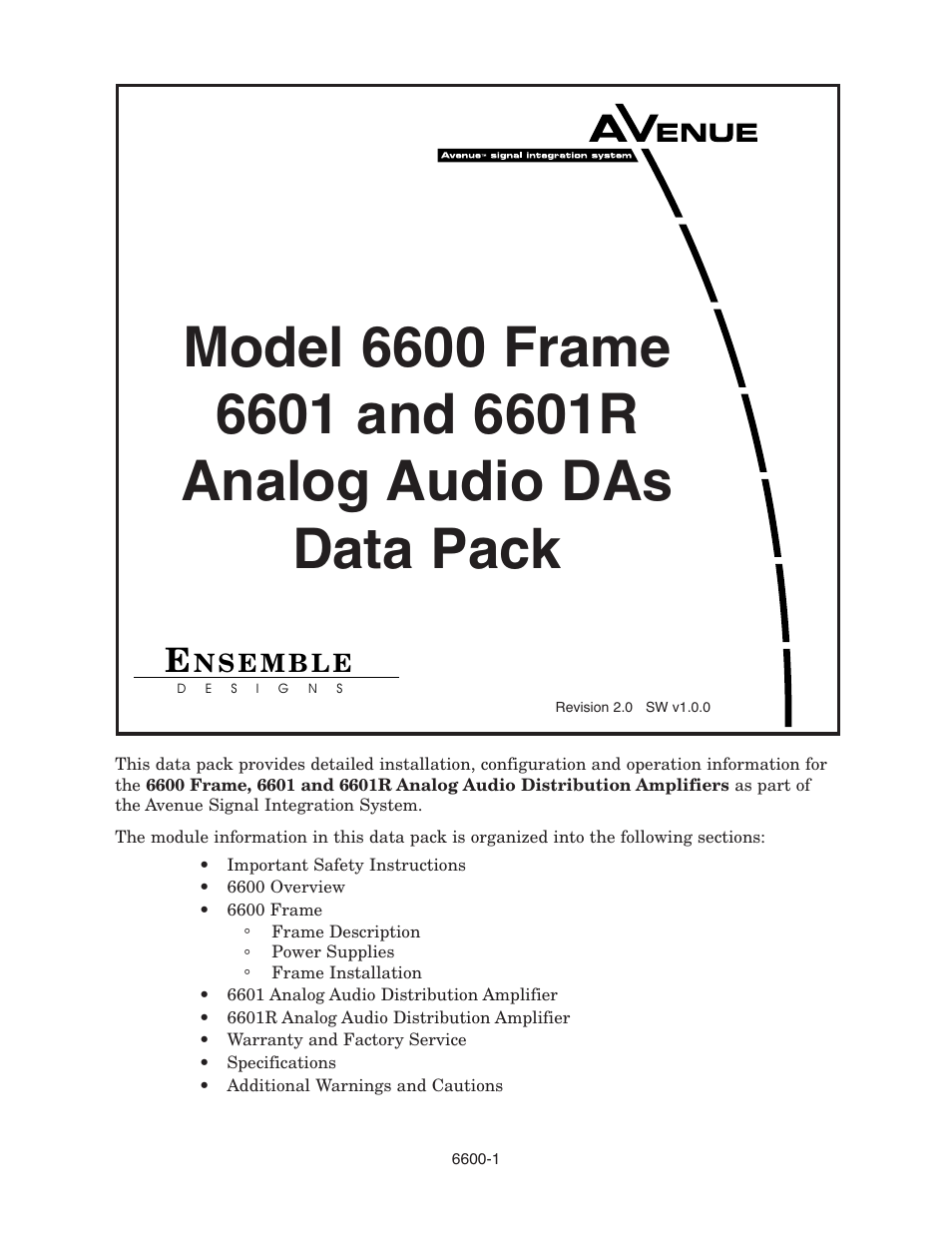 Ensemble Designs 6600 Series Analog Audio DAs and Frame Models 6601, 6601R and Frame 6600 User Manual | 16 pages