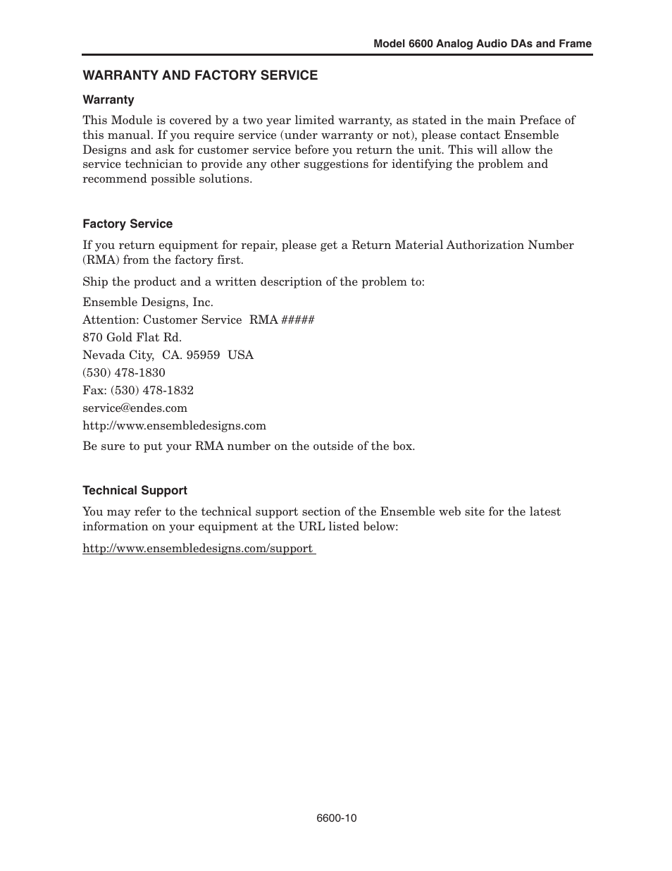 Ensemble Designs 6600 Series Analog Audio DAs and Frame Models 6601, 6601R and Frame 6600 User Manual | Page 10 / 16